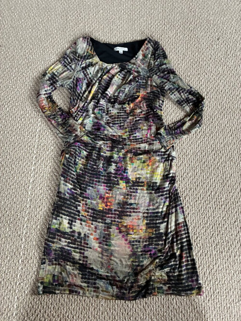 Kay Unger Women's Multicolor Abstract 3/4 Length Sleeve Midi Dress Size 14
